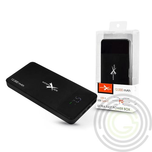 Univerzális hordozható, asztali akkumulátor töltő – Extreme EPB-12PD Power Bank – USB + Type-C + microUSB + PD + QC3.0 – 12.000 mAh – fekete