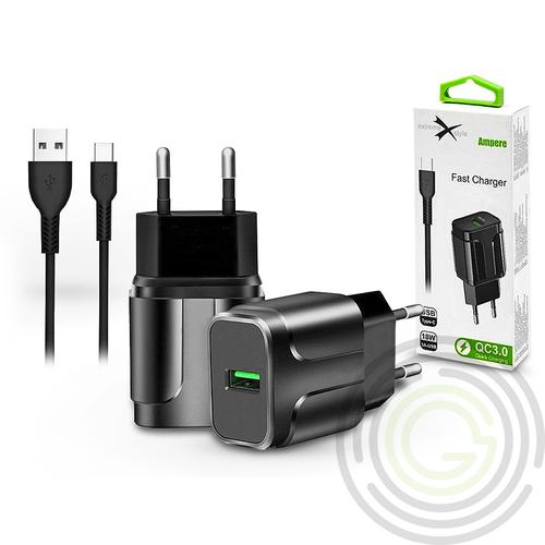 Extreme hálózati töltő adapter + Type-C adat- és töltőkábel – 5V/3A – Extreme LAD0276 QC3.0 – fekete