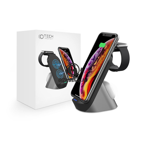 Tech-Protect Qi univerzális vezeték nélküli töltő állomás – 15W – Tech-Protect H18 3in1 Wireless Charger for Phone + Watch + Earphone – fekete