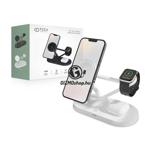 Tech-Protect Qi univerzális vezeték nélküli töltő állomás – 15W – Tech-Protect A13 3in1 Wireless Charger for Phone + Watch + Earphone – fehér