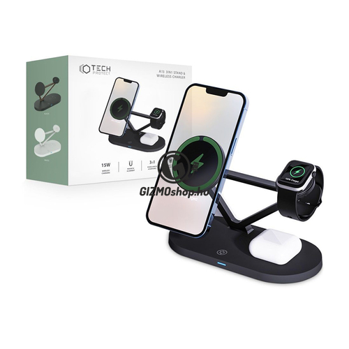 Tech-Protect Qi univerzális vezeték nélküli töltő állomás – 15W – Tech-Protect A13 3in1 Wireless Charger for Phone + Watch + Earphone – fekete