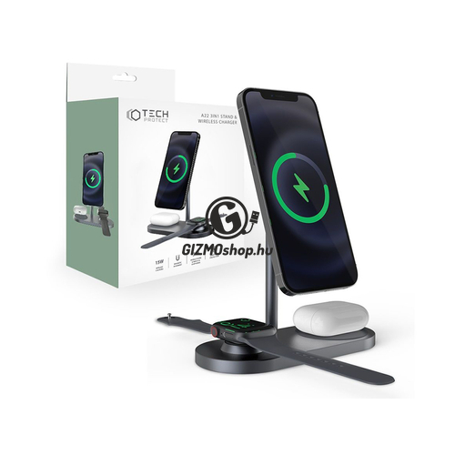Tech-Protect Qi univerzális vezeték nélküli töltő állomás – 18W – Tech-Protect A22 3in1 Wireless Charger for Phone + Watch + Earphone – szürke