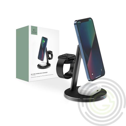 Tech-Protect Qi univerzális vezeték nélküli töltő állomás – Tech-Protect A9 3in1 Wireless Charger for Phone + Watch + Earphone – fekete