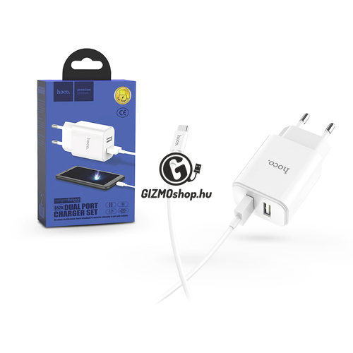 HOCO 2xUSB hálózati töltő adapter + Type-C adatkábel – 5V/2.1A – HOCO C62A Dual Port Charger Set – fehér