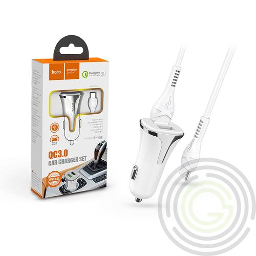 HOCO szivargyújtó töltő + USB Type-C adat- és töltőkábel 1 m-es vezetékkel – QC 3.0 – 18W – HOCO Z31 – fehér