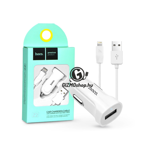 Apple iPhone Lightning szivargyújtós töltő adapter + lightning adatkábel – 5V/1,5A – HOCO Z2 USB Car Charger + Lightning Cable – fehér