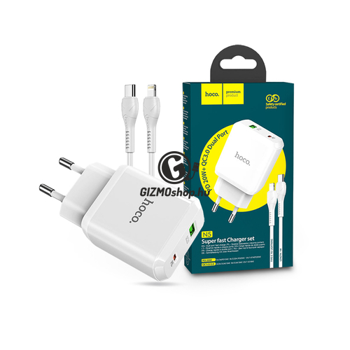 HOCO hálózati töltő adapter Type-C + USB bemenettel + Type-C – Lightning kábellel – 20W – HOCO N5 Super Fast Charger PD3.0 + QC3.0 – white