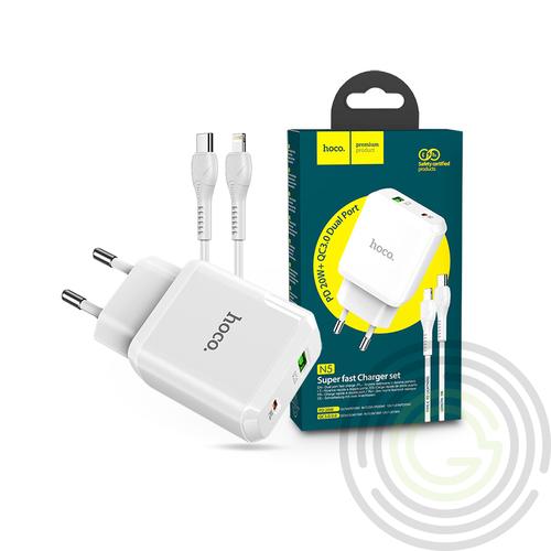 HOCO hálózati töltő adapter Type-C + USB bemenettel + Type-C – Lightning kábellel – 20W – HOCO N5 Super Fast Charger PD3.0 + QC3.0 – white