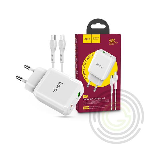 HOCO hálózati töltő adapter Type-C + USB bemenettel + Type-C – Type-C kábellel – 20W – HOCO N5 Super Fast Charger PD3.0 + QC3.0 – white