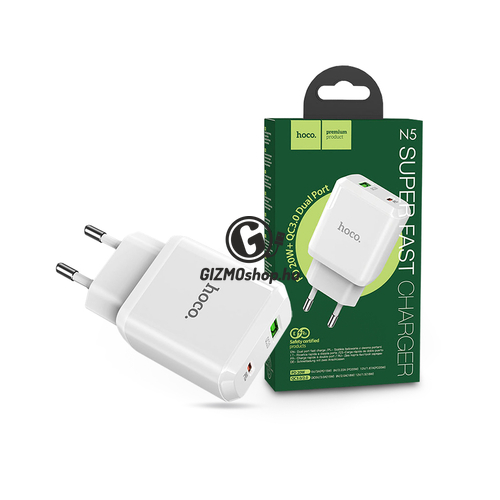 HOCO hálózati töltő adapter Type-C + USB bemenettel – 20W – HOCO N5 Super Fast Charger PD3.0 + QC3.0 – white