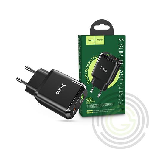 HOCO hálózati töltő adapter Type-C + USB bemenettel – 20W – HOCO N5 Super Fast Charger PD3.0 + QC3.0 – black
