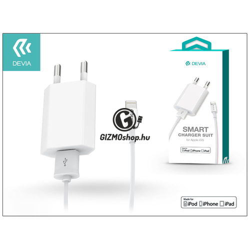 Apple iPhone 5/5S/5C/SE/6S/6S Plus USB hálózati töltő adapter + lightning adatkábel (MFI engedélyes) – 5V/1A – Devia Smart Charger Suit – white