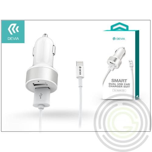 Apple iPhone 5/5S/5C/SE/iPad 4/iPad Mini szivargyújtós töltő adapter + lightning adatkábel – 5V/2,4A – Devia Smart Dual Car – white