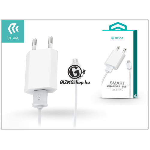 Univerzális USB hálózati töltő adapter + micro USB adatkábel 1 m-es vezetékkel – 5V/1A – Devia Smart Charger Suit – white