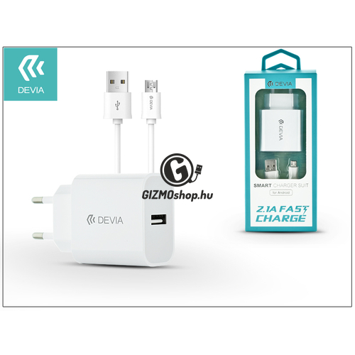 Devia Smart USB hálózati töltő adapter + micro USB kábel 1 m-es vezetékkel – Devia Smart USB Fast Charge for Android – 5V/2,1A – white