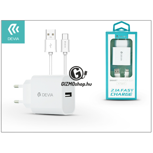 Devia Smart USB hálózati töltő adapter + USB Type-C kábel 1 m-es vezetékkel – Devia Smart USB Fast Charge for Type-C 2.0 – 5V/2,1A – white