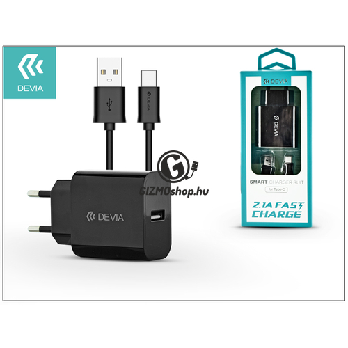 Devia Smart USB hálózati töltő adapter + USB Type-C kábel 1 m-es vezetékkel – Devia Smart USB Fast Charge for Type-C 2.0 – 5V/2,1A – black