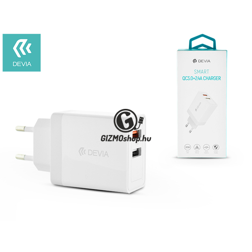 Devia hálózati töltő adapter 2xUSB bemenettel – 5V/3A – Devia Smart Series 2.4A Charger + QC3.0 – Qualcomm Quick Charge 3.0 – white