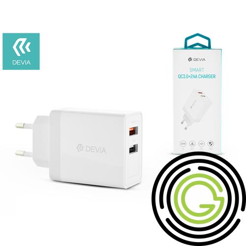 Devia hálózati töltő adapter 2xUSB bemenettel – 5V/3A – Devia Smart Series 2.4A Charger + QC3.0 – Qualcomm Quick Charge 3.0 – white