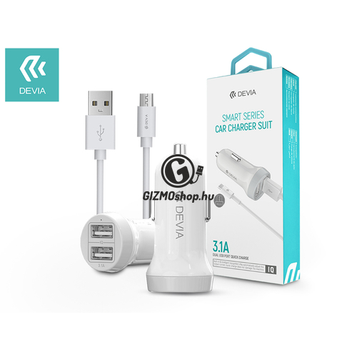 Devia Dual szivargyújtós töltő adapter + micro USB kábel 1 m-es vezetékkel – Devia Smart Series Dual USB Quick Charge – 5V/3,1A – white