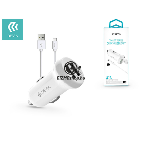 Devia Dual USB szivargyújtó töltő adapter + Type-C adatkábel 1 m-es vezetékkel – 5V/3,1A – Devia Smart Series Car Charger Suit – white