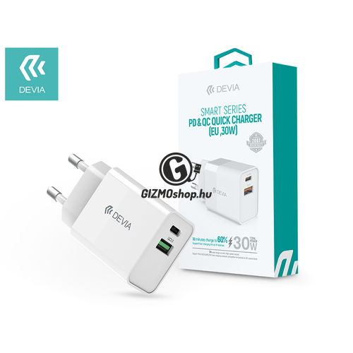 Devia hálózati töltő adapter Type-C + USB bemenettel – 30W – Devia Smart Series PD3.0 + QC3.0 Quick Charger – white