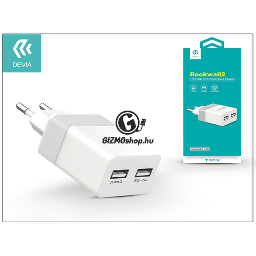Univerzális USB hálózati töltő adapter 2 x USB – 5V/2,4A – Devia Rockwall 2 – white/silver