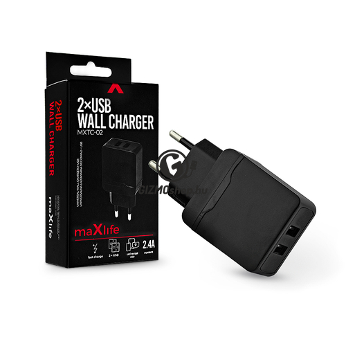 Maxlife 2xUSB hálózati töltő adapter – Maxlife MXTC-02 2xUSB Wall Fast Charger – 5V/2,4A – fekete