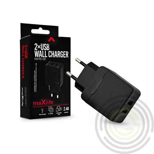 Maxlife 2xUSB hálózati töltő adapter – Maxlife MXTC-02 2xUSB Wall Fast Charger – 5V/2,4A – fekete