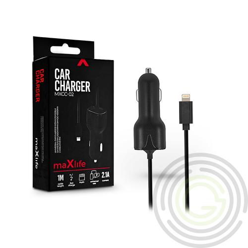 Maxlife lightning szivargyújtó töltő 1 m-es vezetékkel – Maxlife MXCC-02 Lightning Car Fast Charger – 5V/2,1A – fekete