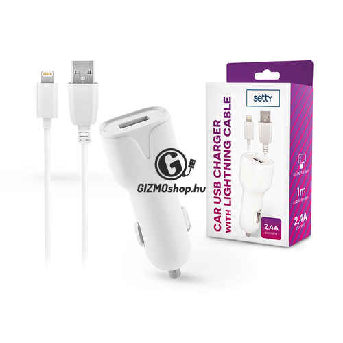 Setty USB szivargyújtó töltő adapter 1 m-es lightning vezetékkel – Setty USB Charger with Lightning Cable – 5V/2,4A – fehér