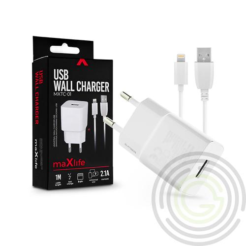 Maxlife USB hálózati töltő adapter + lightning adatkábel 1 m-es vezetékkel – Maxlife MXTC-01 USB Wall Charger – 5V/2,1A – fehér