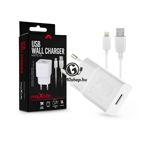 Maxlife USB hálózati töltő adapter + lightning adatkábel 1 m-es vezetékkel – Maxlife MXTC-01 USB Wall Charger – 5V/1A – fehér