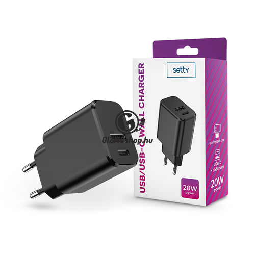 Setty hálózati töltő adapter Type-C + USB bemenettel – 20W – Setty USB/USB-C Wall Charger PD3.0 – fekete