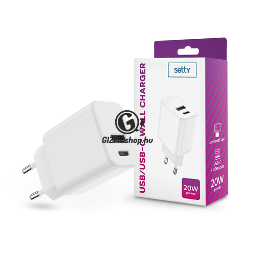 Setty hálózati töltő adapter Type-C + USB bemenettel – 20W – Setty USB/USB-C Wall Charger PD3.0 – fehér