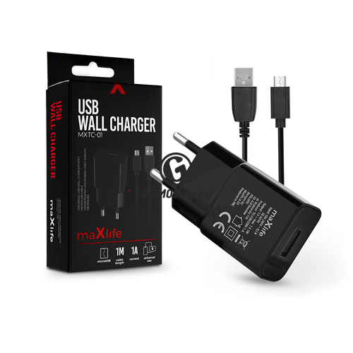 Maxlife USB hálózati töltő adapter + micro USB adatkábel 1 m-es vezetékkel – Maxlife MXTC-01 USB Wall Charger – 5V/1A – fekete