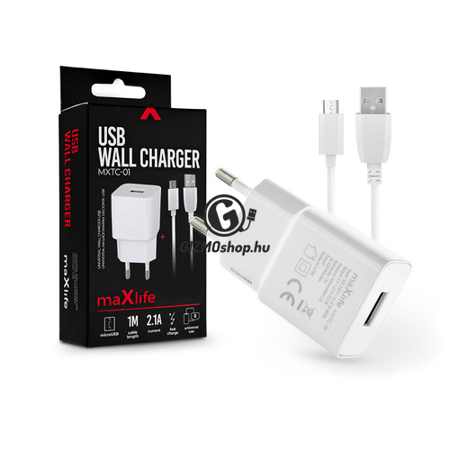 Maxlife USB hálózati töltő adapter + micro USB adatkábel 1 m-es vezetékkel – Maxlife MXTC-01 USB Wall Charger – 5V/2,1A – fehér