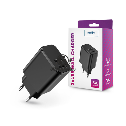 Setty 2xUSB hálózati töltő adapter – Setty USB Wall Charger – 5V/3A – fekete