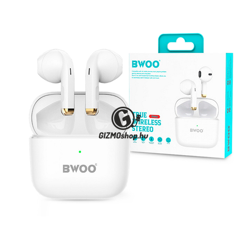BWOO TWS Bluetooth sztereó headset v5.1 + töltőtok – BWOO BW66 True Wireless Earphones with Charging Case – fehér