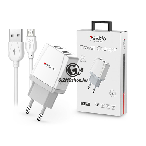 YESIDO 2xUSB hálózati töltő adapter + micro USB adatkábel 1 m-es vezetékkel – YESIDO YC21 Travel Charger – 5V/2,4A – fehér