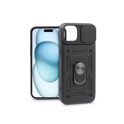 APPLE IPHONE 15 ÜTÉSÁLLÓ HÁTLAP GYŰRŰVEL ÉS KAMERAVÉDŐVEL - SLIDE ARMOR - FEKETE