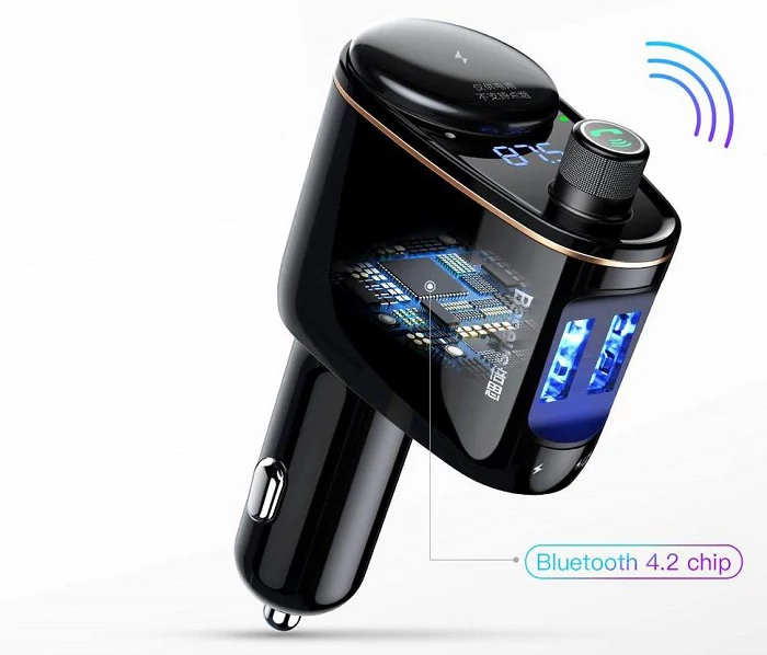 BASEUS LOCOMOTIVE bluetooth FM transmitter autós töltő 2 USB aljzat (5V / 3.4A, gyorstöltés,