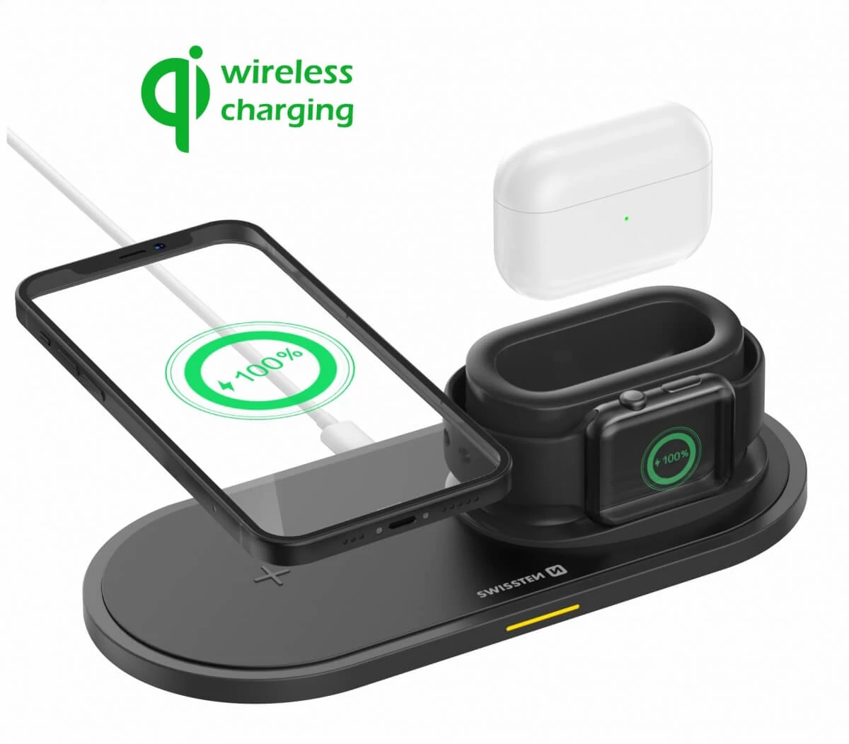 SWISSTEN 15W, iPhone, iWatch, Airpods/Pro FEKETE 3in1 Vezeték nélküli Töltőállomás
