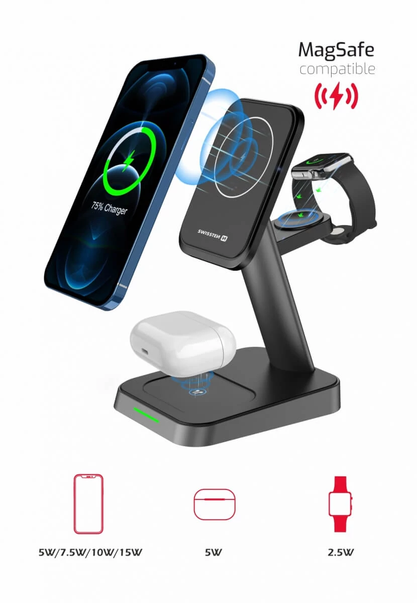 SWISSTEN MagStick 22,5W (MAGSAFE) FEKETE 3in1 Vezeték nélküli Töltőállomás