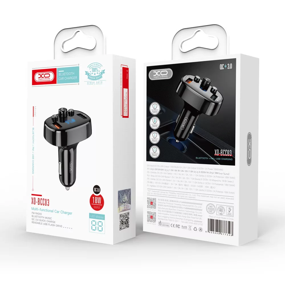 XO BCC03 autós gyorstöltő és Bluetooth FM transzmitter, 2XUSB, 18W, fekete