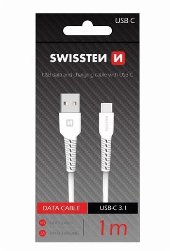 Swissten adat- és töltőkábel gumírozott, USB/Type-C, 1m fehér