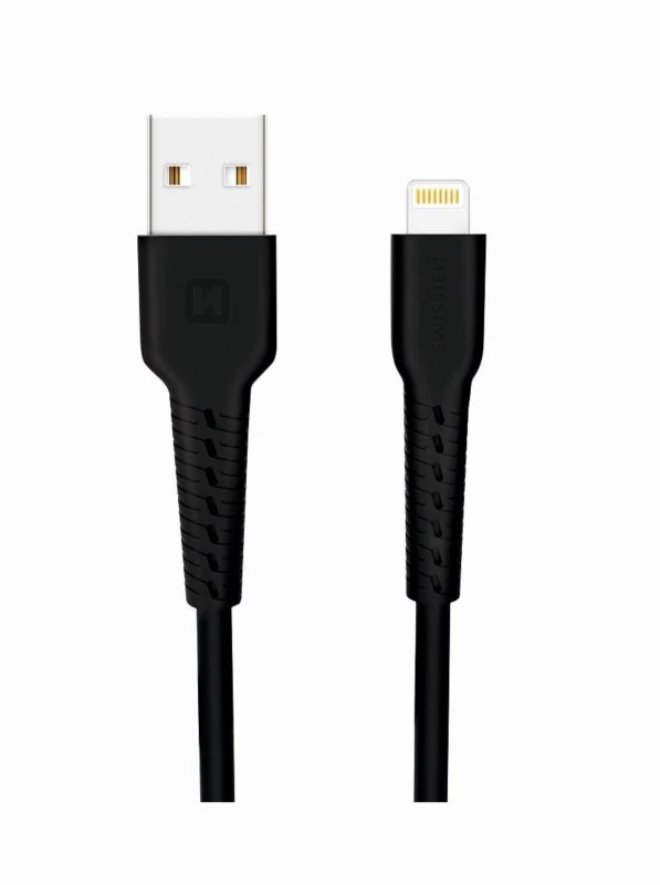 Swissten adat- és töltőkábel gumírozott, USB/lightning, 1m fekete