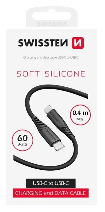 Swissten puha szilikon adat- és töltőkábel, USB-C/USB-C, 0,4m, 60W, fekete