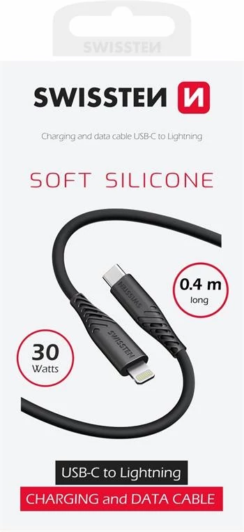 Swissten puha szilikon adat- és töltőkábel, USB-C/lightning, 0,4m, 30W, fekete
