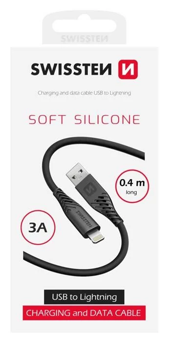 Swissten puha szilikon adat- és töltőkábel, USB/lightning, 0,4m, 3A, fekete